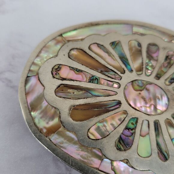 Vintage Belt Buckle Mexico Iridescent Abalone Shell Accent Silver Toned main image 7